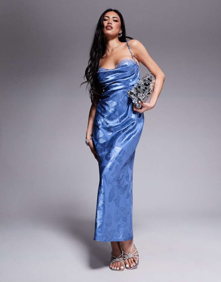 Rare London satin ruched bust open strappy back maxi dress in blue butterfly print