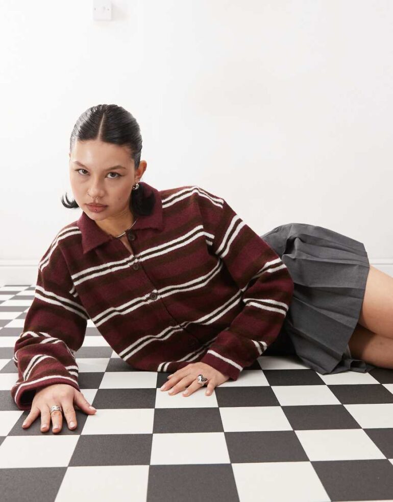 Reclaimed Vintage knitted collar button through cardigan in burgundy stripe-Multi