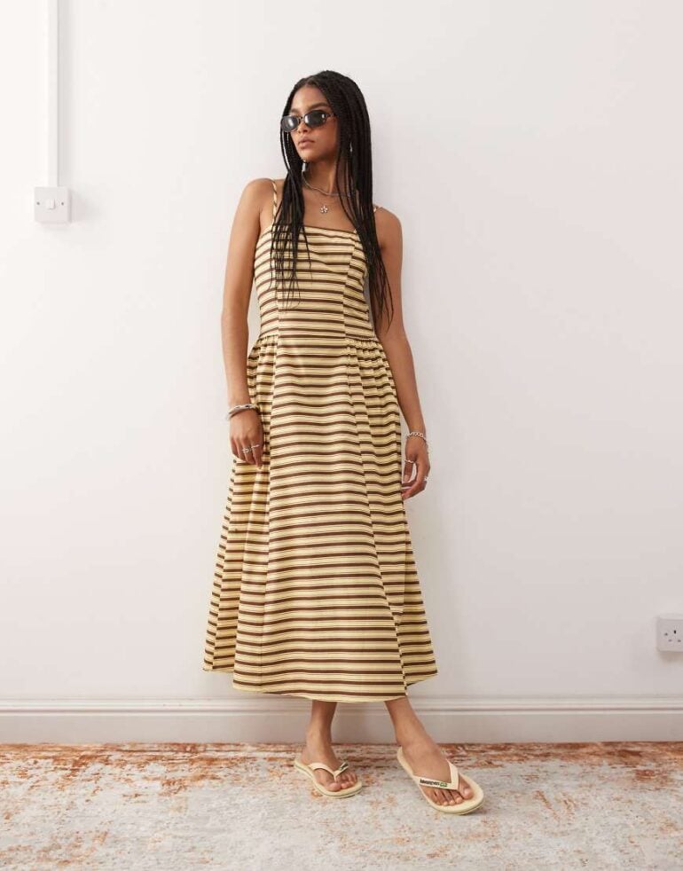 Reclaimed Vintage midi summer dress with waist seam details in butter yellow and brown stripe-Multi