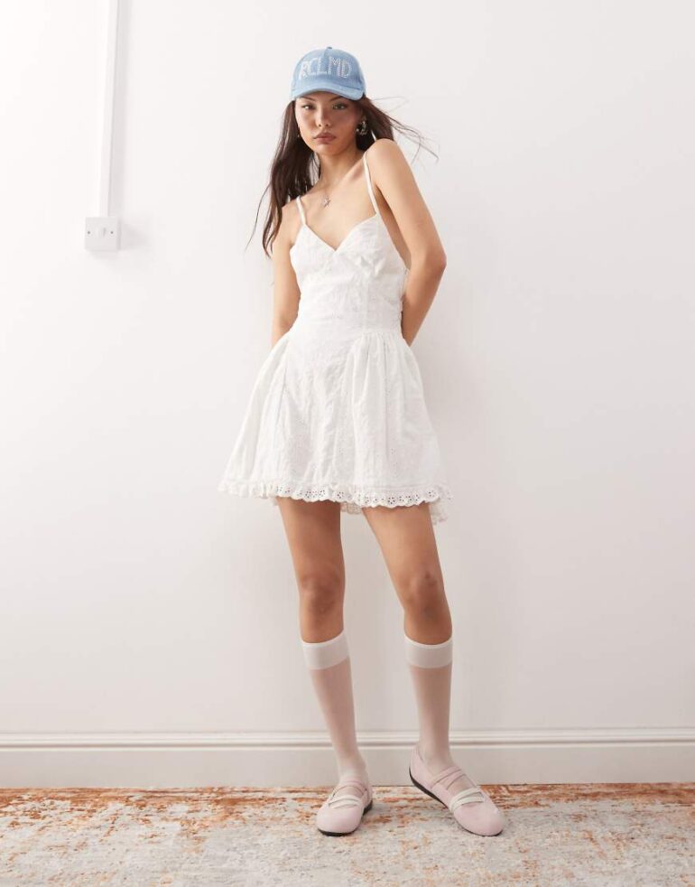Reclaimed Vintage mini broderie summer dress with ruffles and dropped waist in white