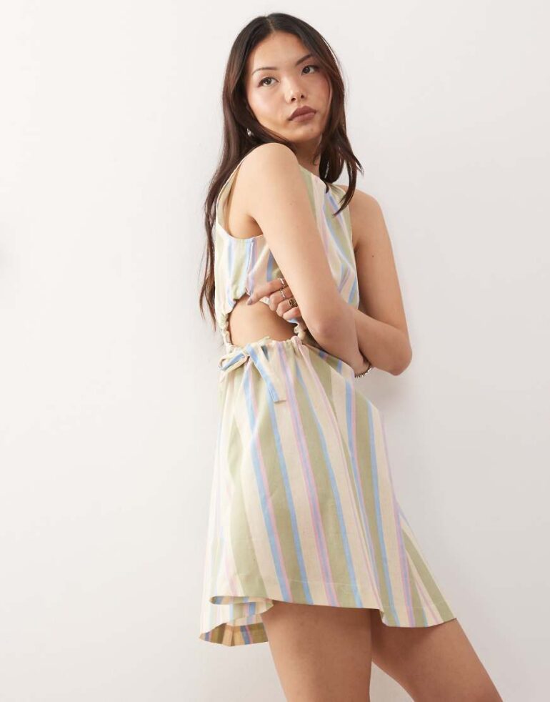 Reclaimed Vintage mini dress with cutouts and tie sides in linen look deckchair stripe-Multi