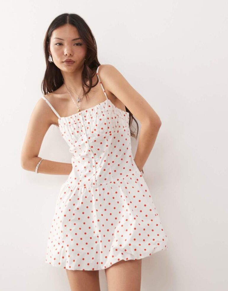 Reclaimed Vintage puffball mini dress with hook and eye in red polka dot print-Multi