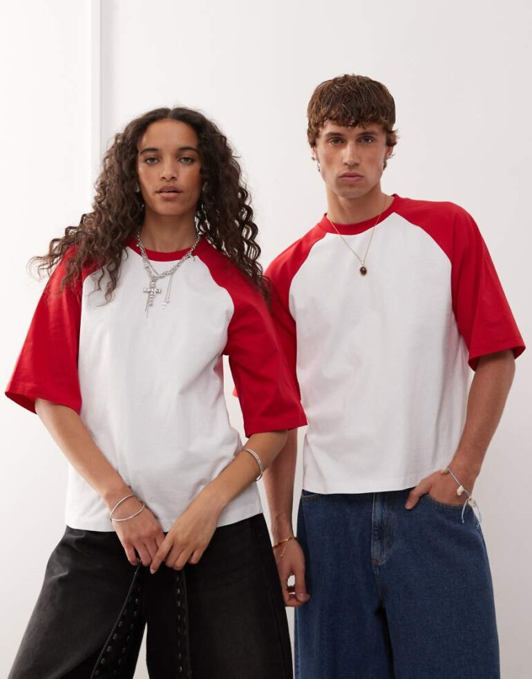 Reclaimed Vintage unisex slim cropped boxy t-shirt with raglan detail in white and red