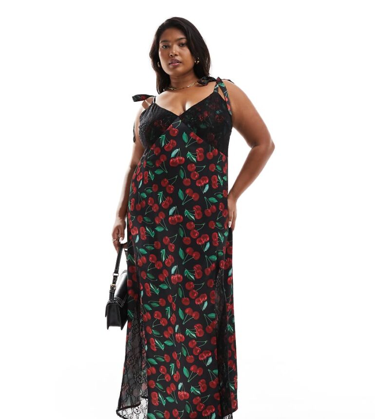 Renee Studio Plus x Holly Wynne exclusive cami tie sleeve maxi satin slip dress in black cherry print-Multi