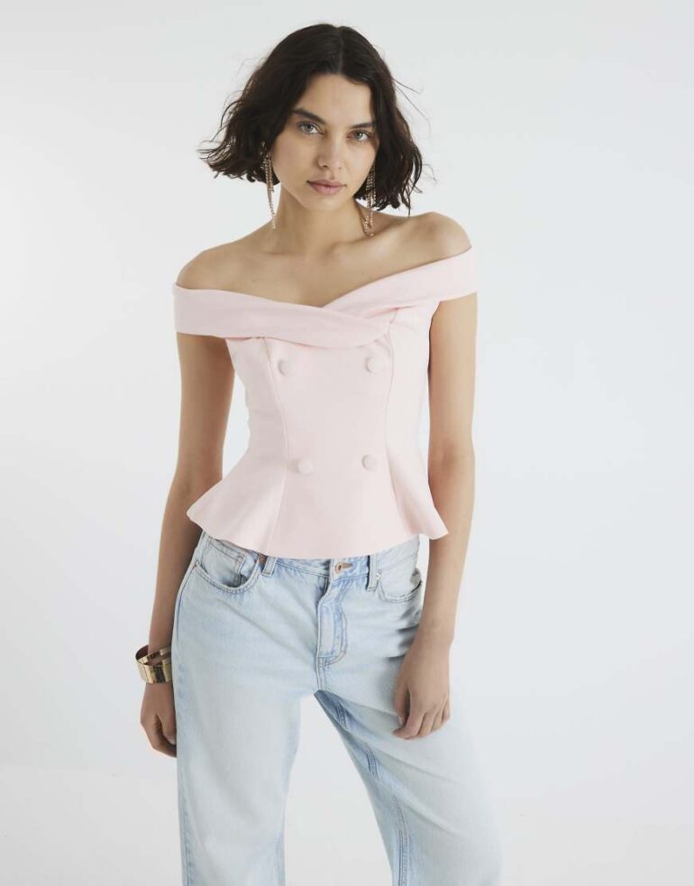 River Island Double breasted bardot top in pink - light