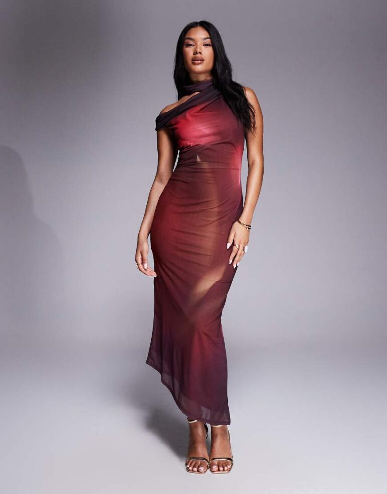 River Island asymetric highneck mesh midi dress in red