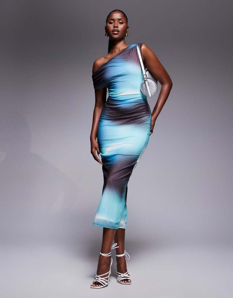 River Island asymmetric drape mesh midi dress in ombre blue