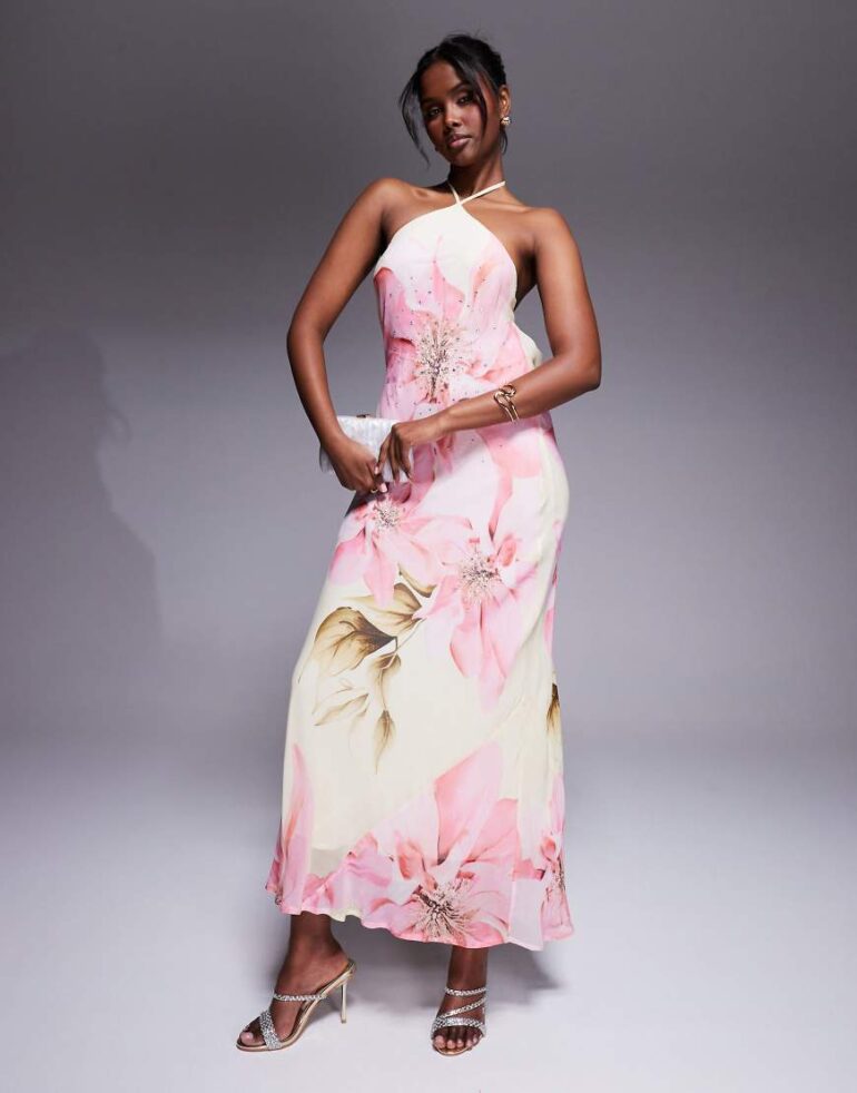 River Island floral halterneck maxi dress with embellished detail in yellow