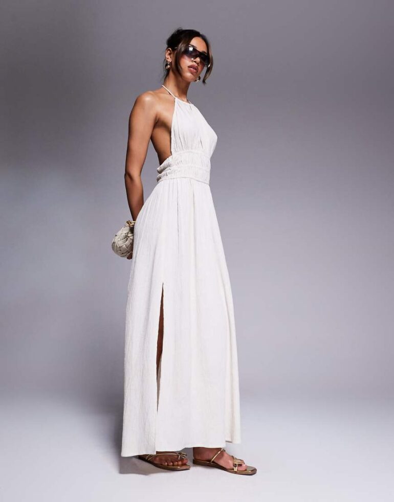 River Island halterneck shirred maxi dress in stone-Neutral