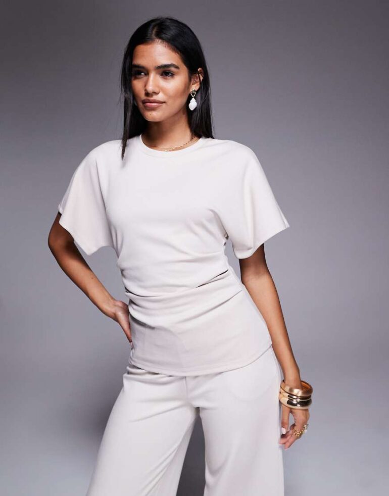 River Island ruched side t-shirt co-ord in cream-White
