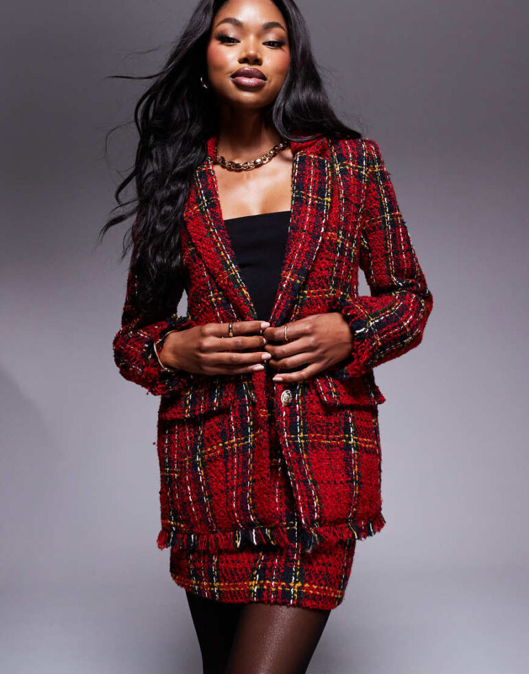 River Island tartan boucle blazer co-ord in red