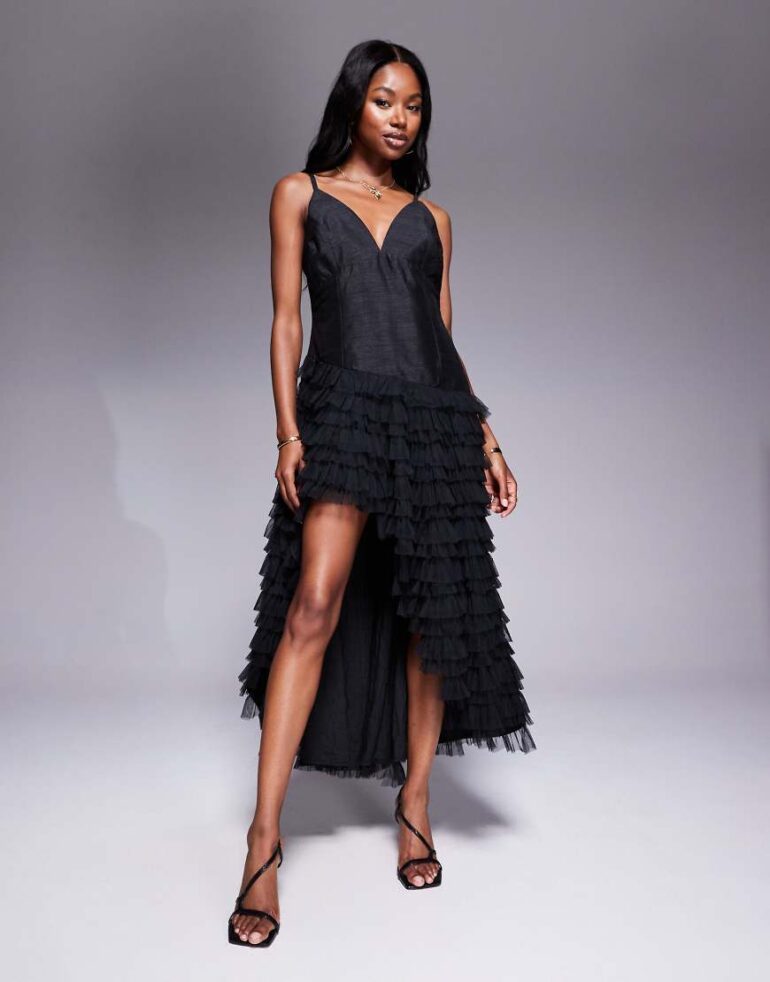 River Island tulle ruffle midi dress in black