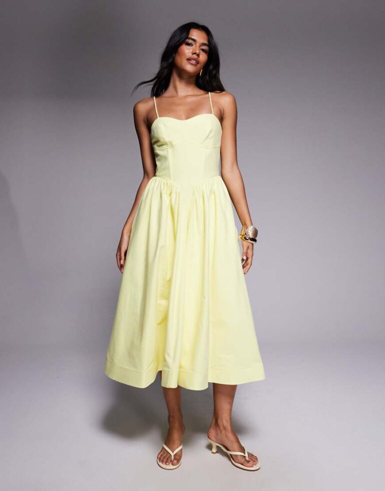 River Island volume corset detail midi dress in butter yellow-Green