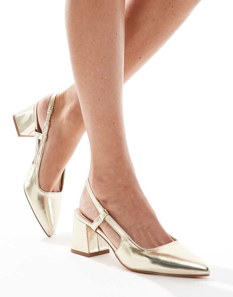 SEQWL Walnut sling back block heeled sandals in gold-Black