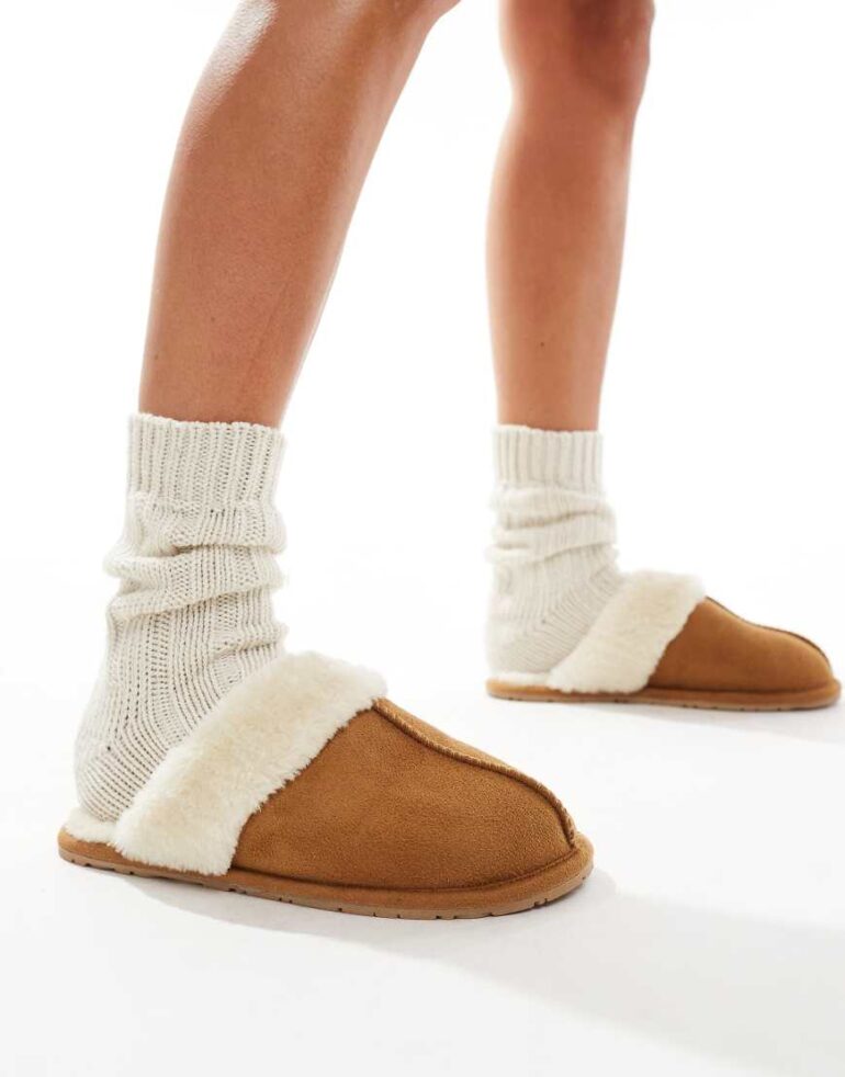 SEQWL faux fur mule slippers in sand-Neutral