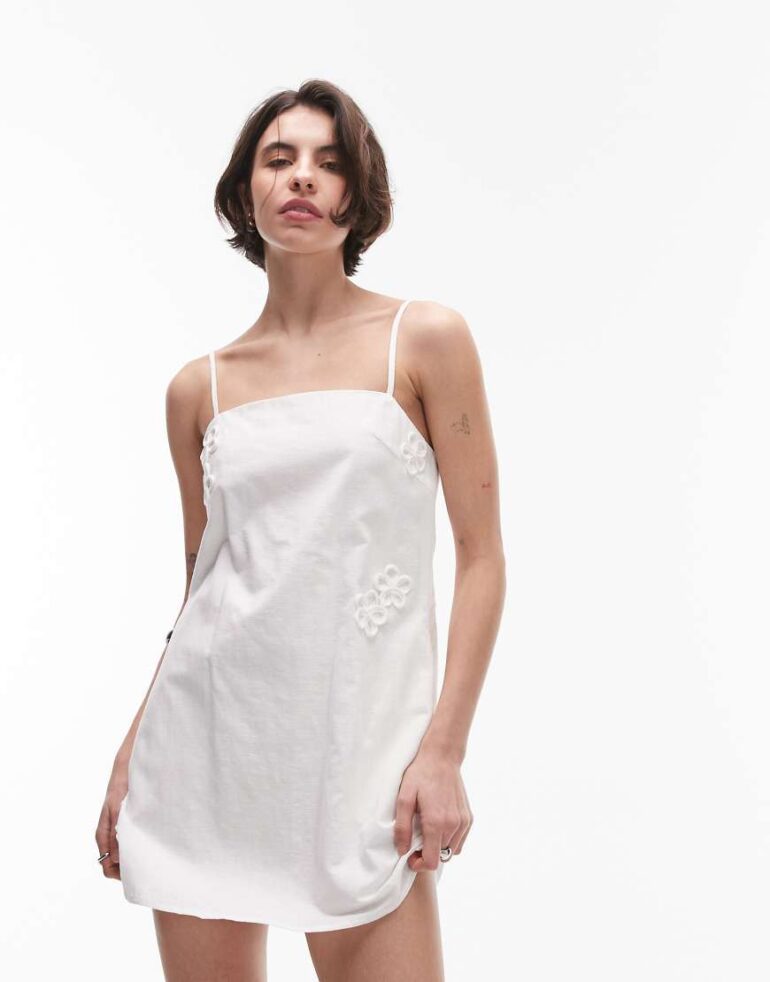 SNDYS linen blend flower applique cami strap square neck mini dress in white
