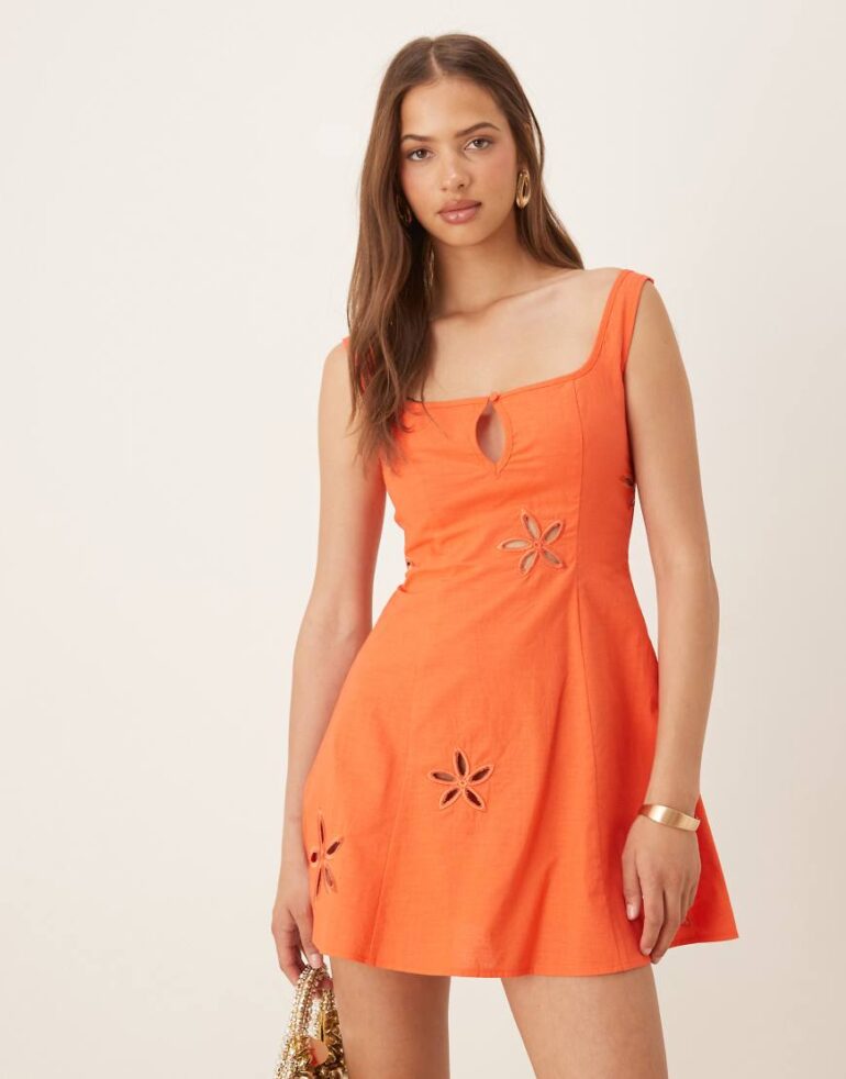 SNDYS linen blend square neck keyhole flower cutout mini dress in orange