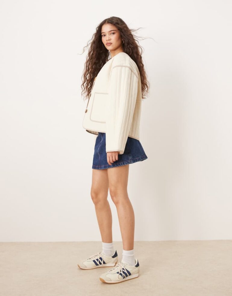 Selected Femme quilted jacket in cream with pockets-White