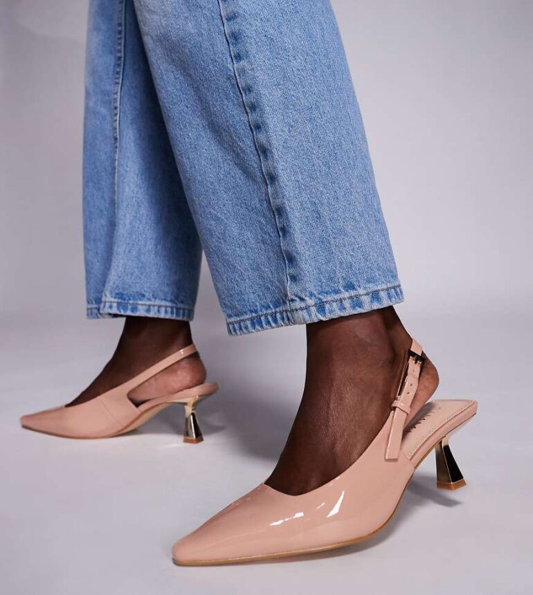 Simmi London June Wide Fit pointed slingback kitten heels in beige patent-Neutral
