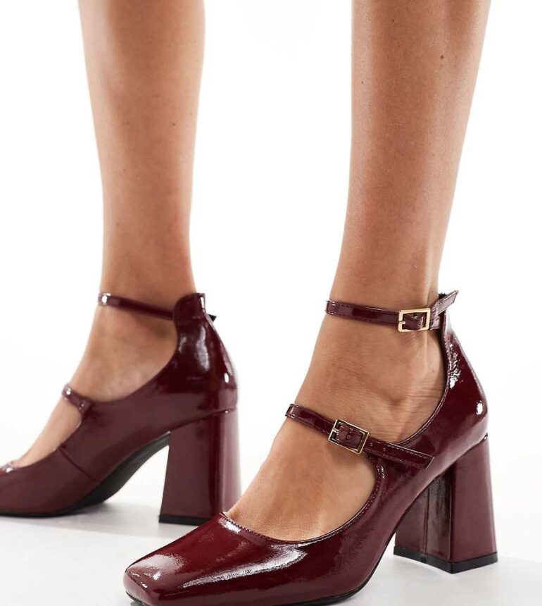 Simmi London Wide Fit Vinda mid block heel shoes with straps in burgundy-Red