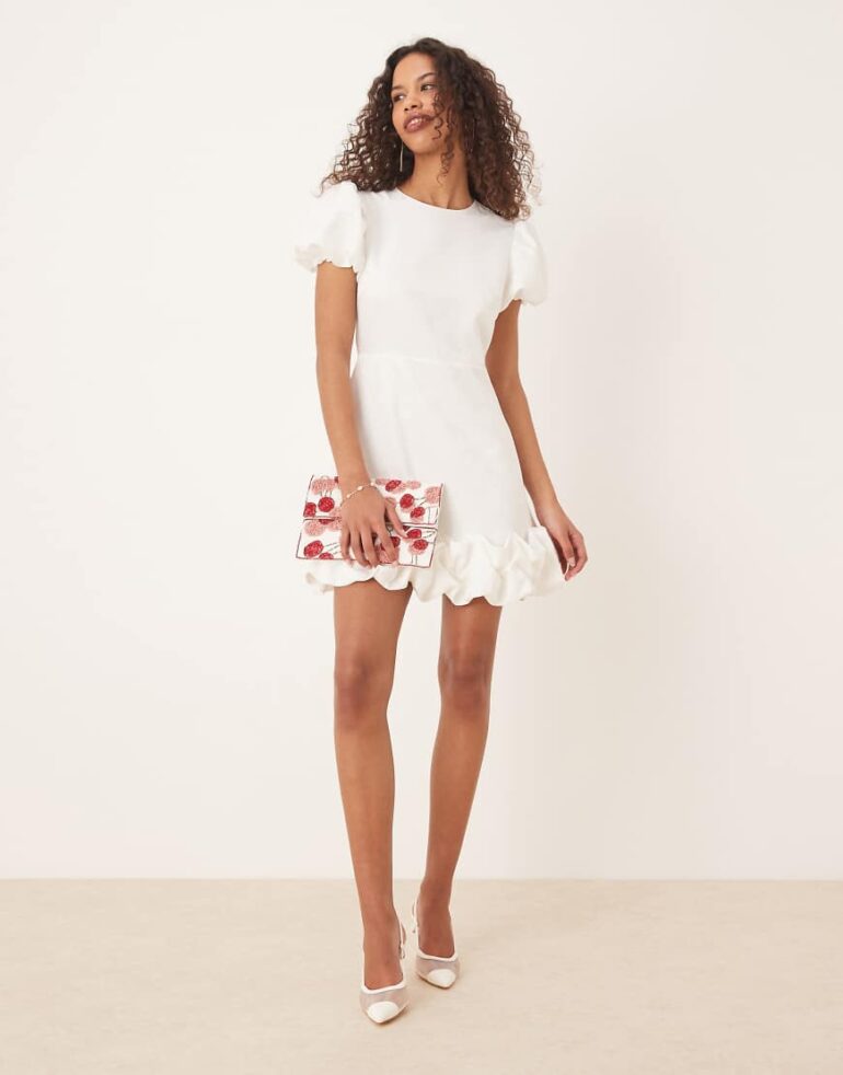Sister Jane puff hem jacquard mini dress in ivory-White