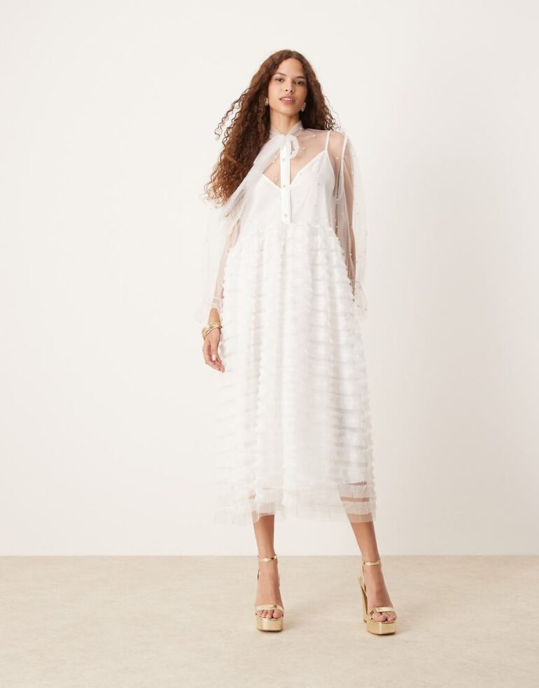 Sister Jane sheer ruffle midaxi dress in ivory-Pink