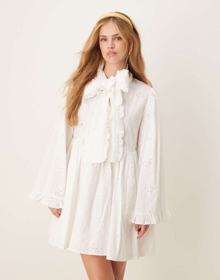 Sister Jane x ASOS Meadow bow mini dress in broderie anglaise in white