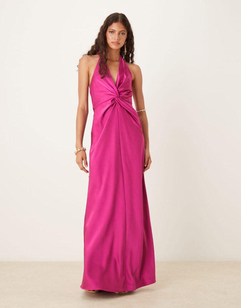 Six Stories twist front satin maxi dress in fuchsia-Pink