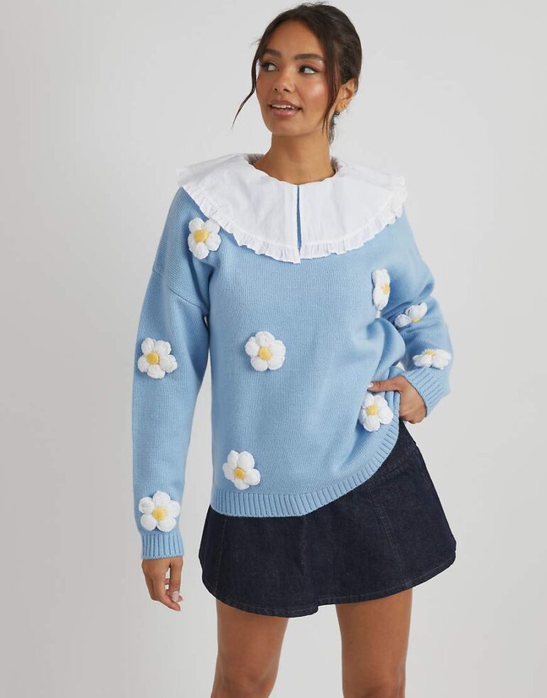 Skinnydip London 3D Flowers Knitted Jumper-Blue