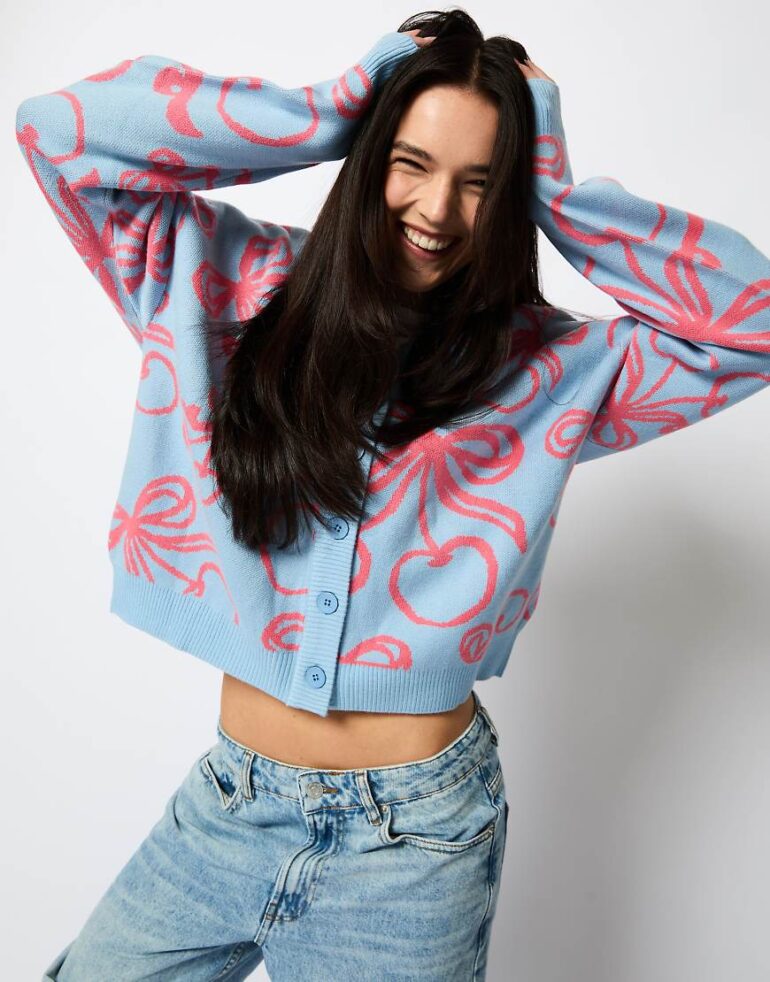Skinnydip London Cherry Bow Knitted Cardigan-Blue