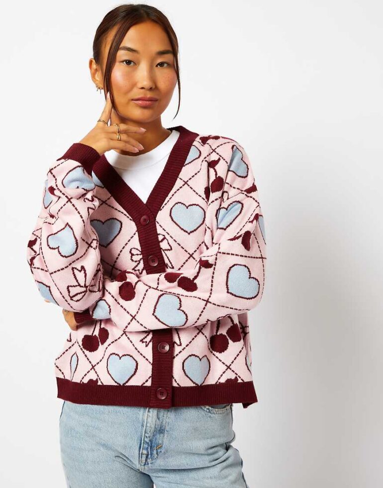 Skinnydip London Quilted Cherry & Bow Cardigan in Multi-Pink