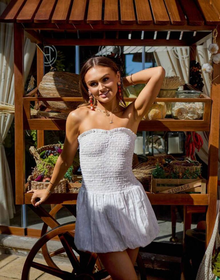 South Beach x Misha Grimes ruched balloon bandeau mini beach dress in white