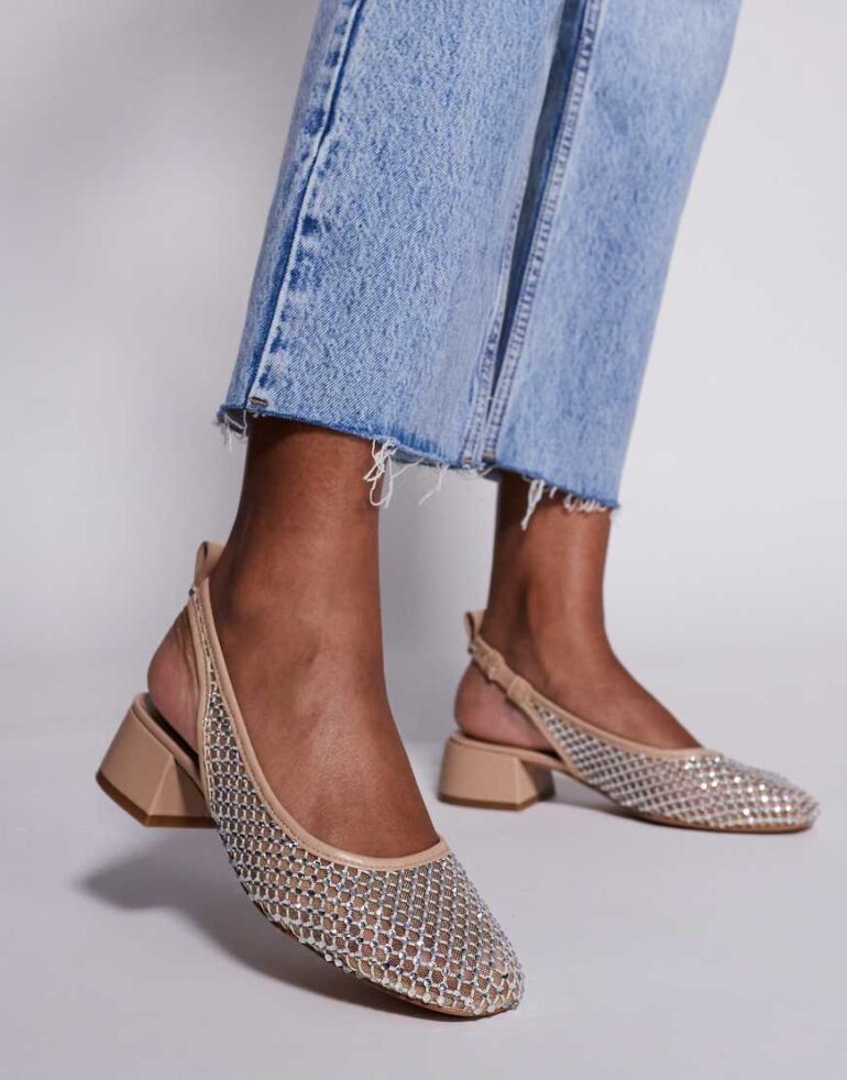 Steve Madden Smitten rhinestone embellished mesh block heels in beige-Neutral