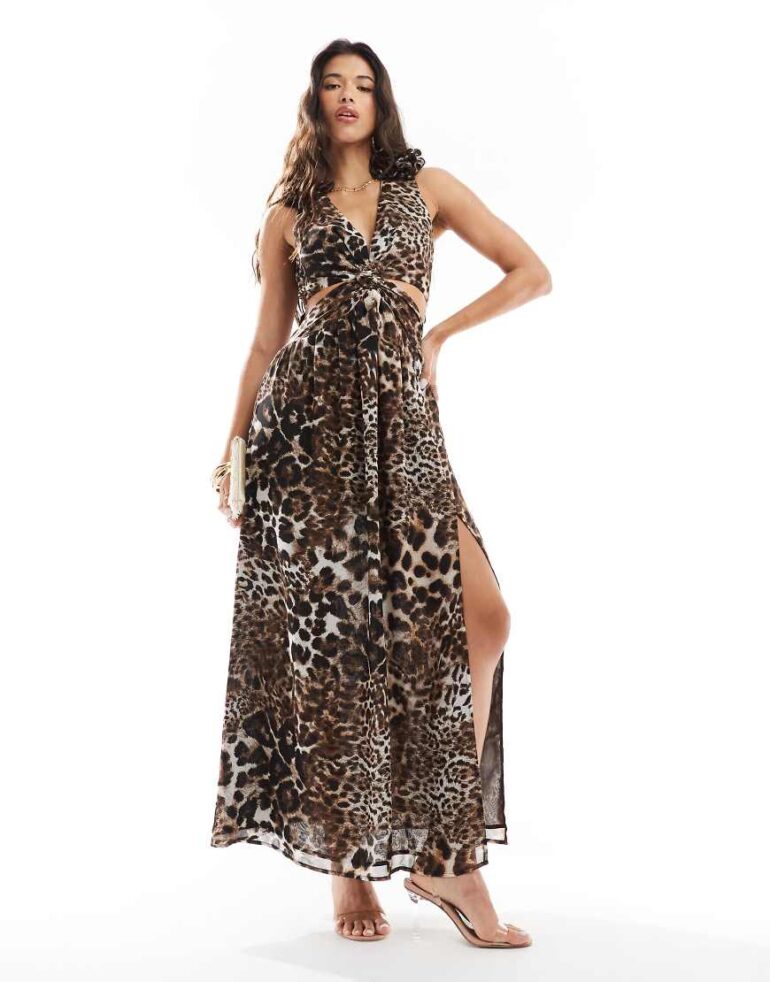 Style Cheat corsage shoulder maxi dress in leopard-Multi