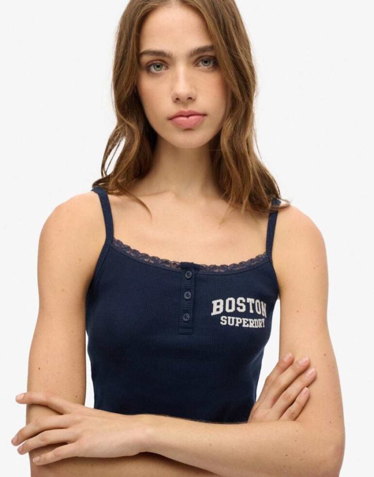 Superdry Athletic essentials graphic button cami top in richest navy