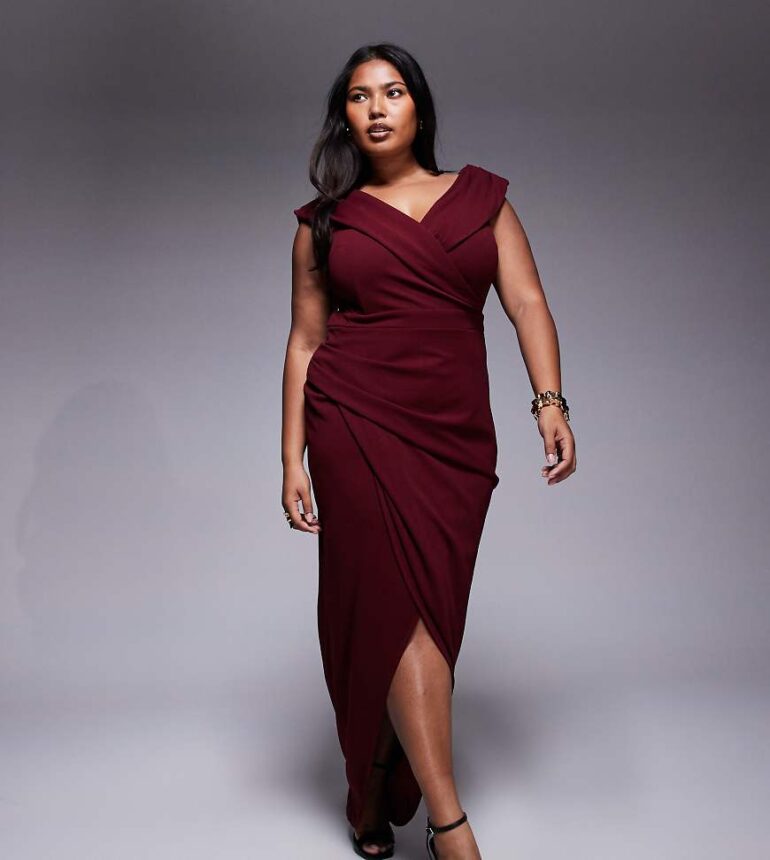 TFNC Plus wrap detail bardot midaxi dress in wine-Red