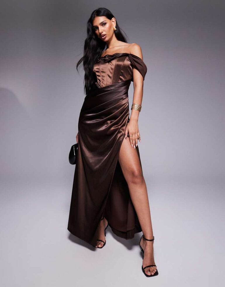 TFNC drop shoulder satin corset maxi dress in chocolate-Brown