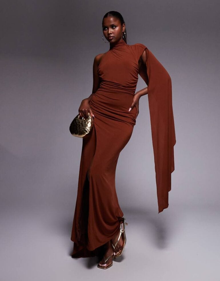TFNC one shoulder maxi dress with cape back in coffee brown