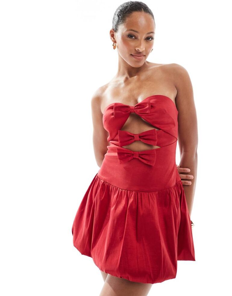 The Frolic exclusive bandeau bow detail cut out satin puffball mini dress in red