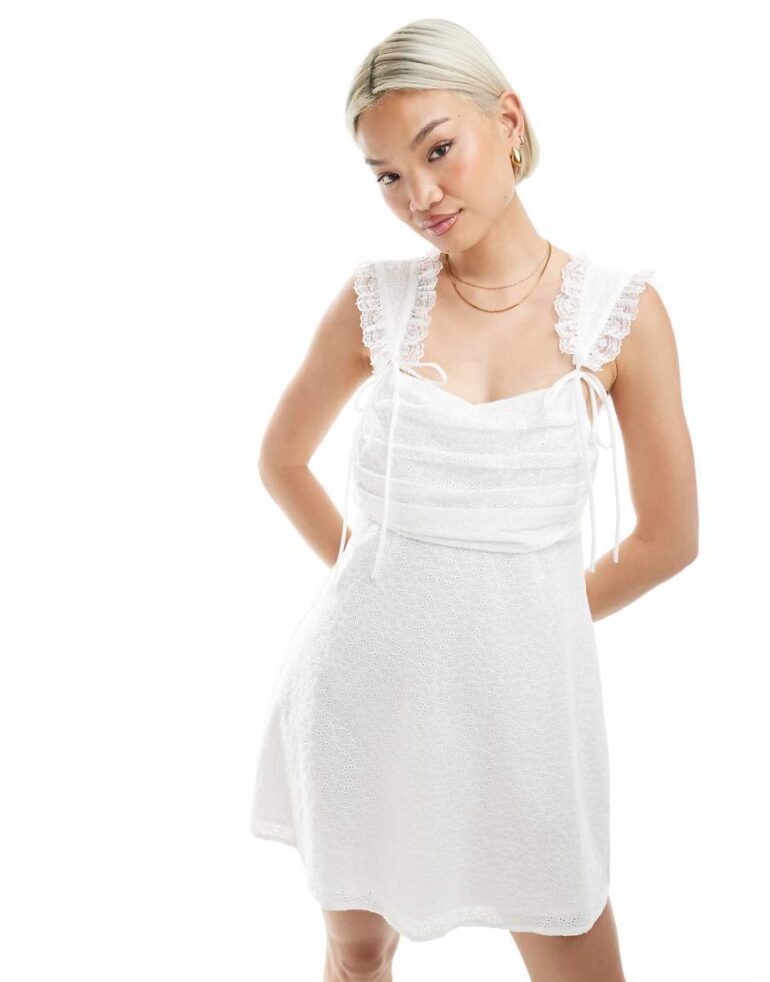 The Frolic exclusive lace trim ruched bust bow detail mini dress in white