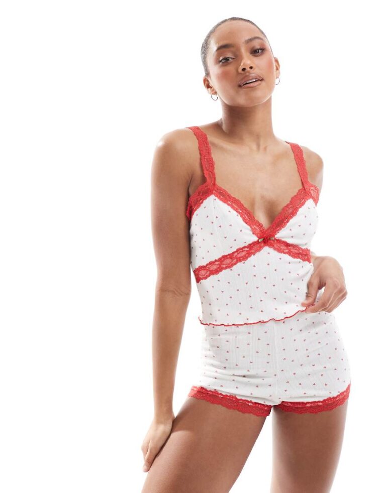The Frolic exclusive pointelle red lace trim cami pyjama top co-ord in heart print-Multi