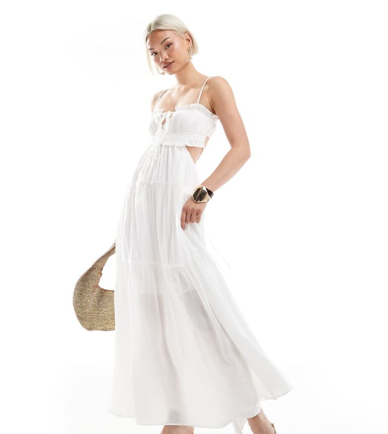 The Frolic exclusive tie front ruffle trim open back tiered maxi dress in white