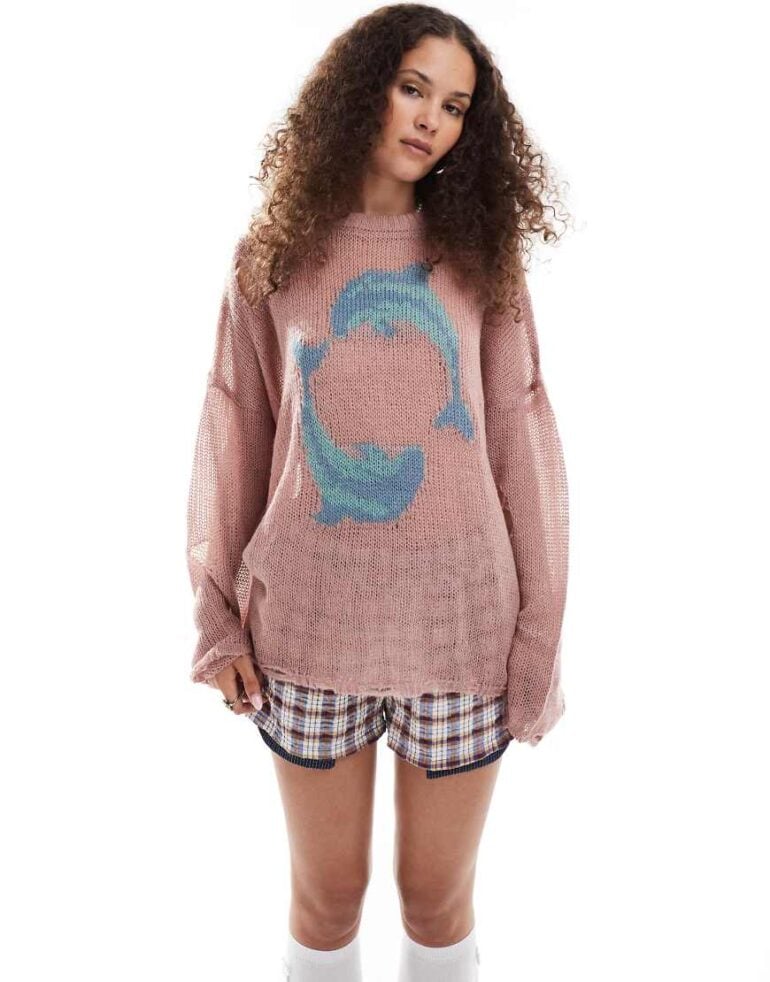 The Ragged Priest oversized open knit dolphin knitted jumper-Pink