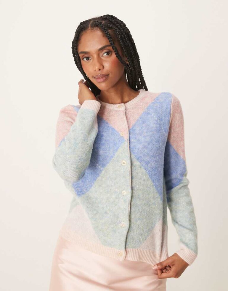 Threadbare Argyle button up knitted cardigan in blue