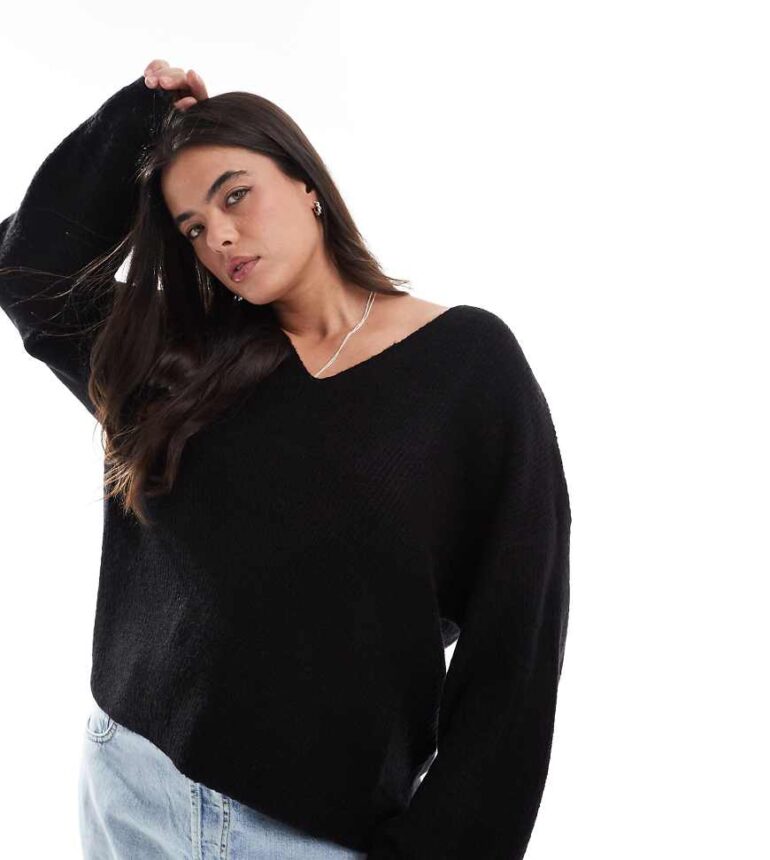 Threadbare Plus fluffy v-neck slouchy jumper in black