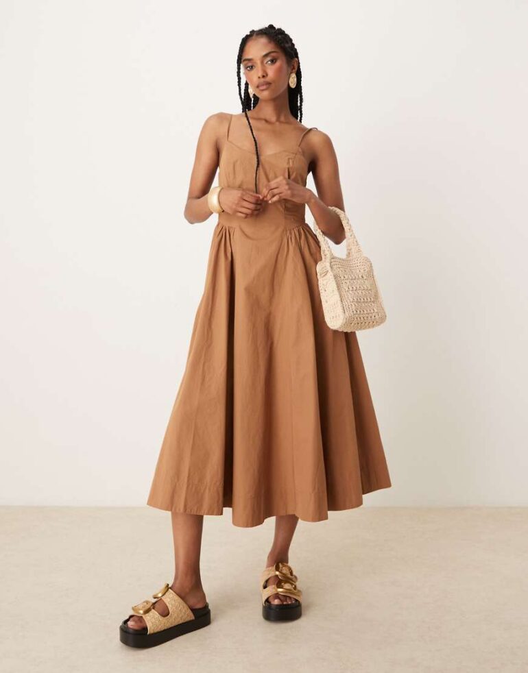 Threadbare cotton rich midi dress with drop waist in brown