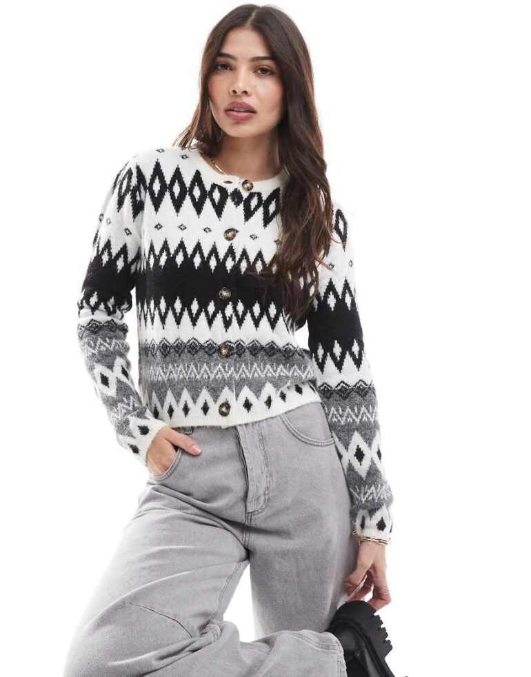 Threadbare fairisle print button cardigan in black and white