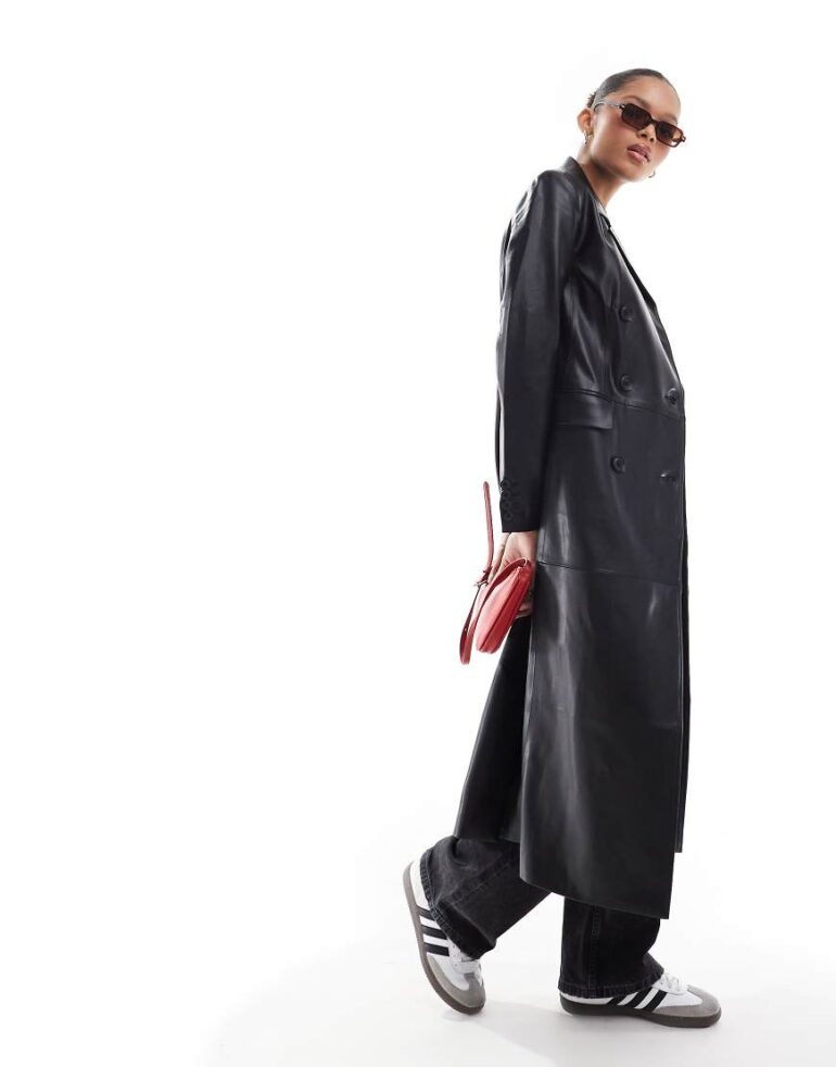 Threadbare longline faux leather coat in black