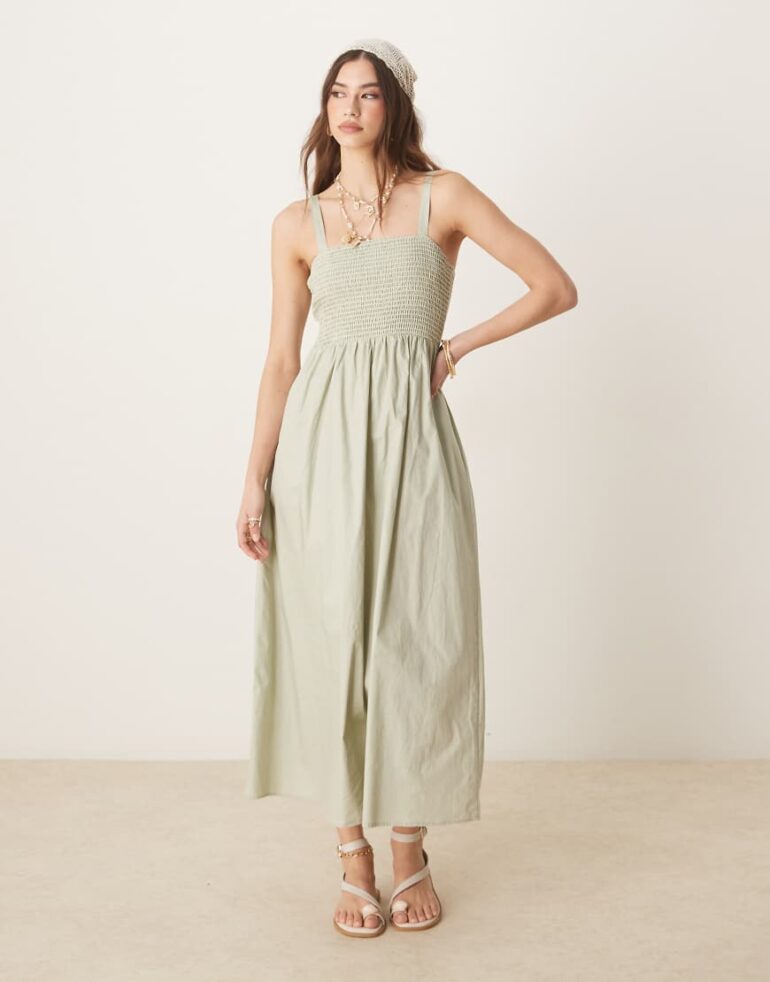 Threadbare strappy maxi dress with shirring in green