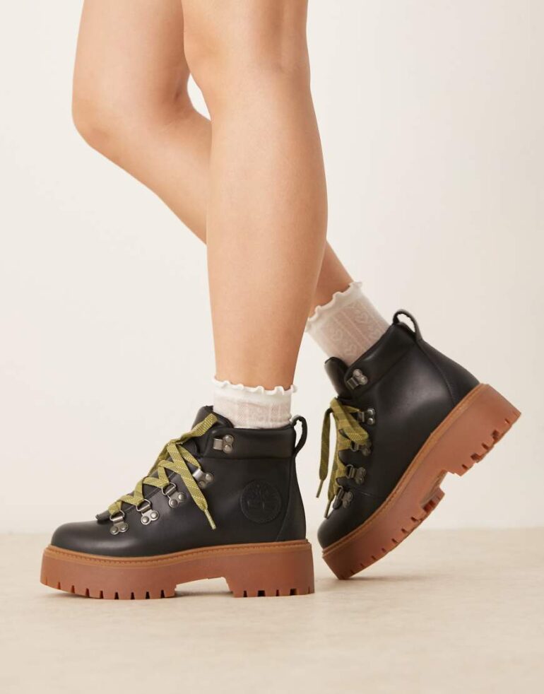 Timberland Stone Street lace up elevated mid boots in black leather